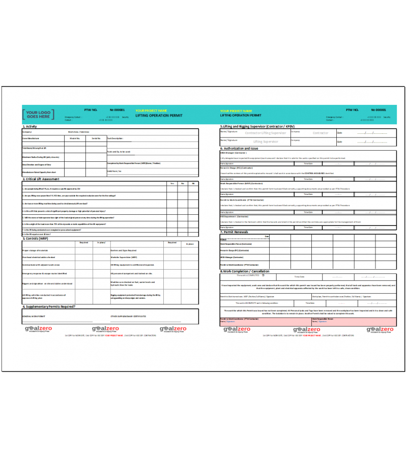 İş Güvenliği için Kaldırma Operasyonları Güvenli Çalışma İzni Şablonu EXCEL - İNGİLİZCE