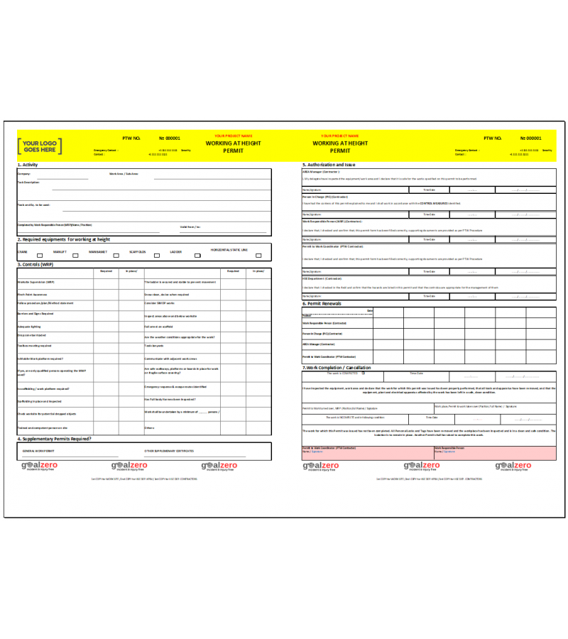 İş Güvenliği için Yüksekte Çalışma  İzin Formu Şablonu - Düzenlenebilir Excel Formatında  - İNGİLİZCE