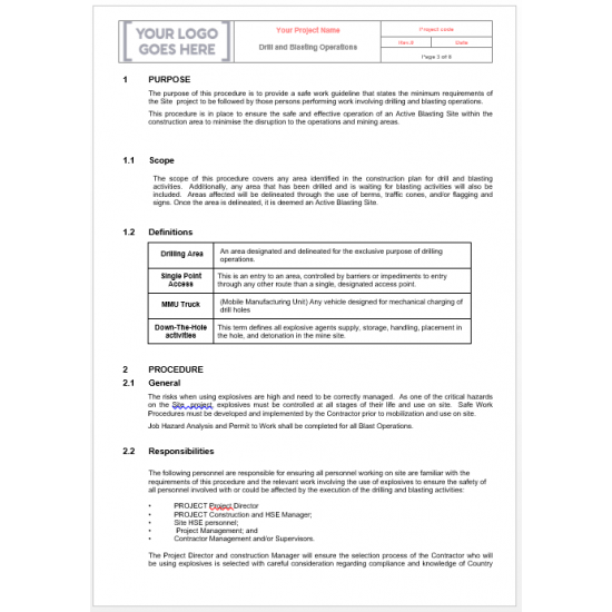 İşGüvenliği Delme ve Patlatma Operasyonları Güvenlik Prosedürü Şablonu | Word Dosyası