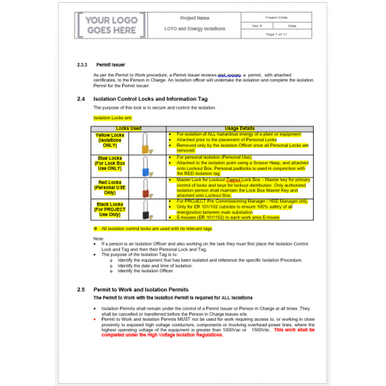  LOTO (Logout Tagout) ve Enerji İzolasyonu Güvenlik Prosedürü Şablonu | Word Dosyası