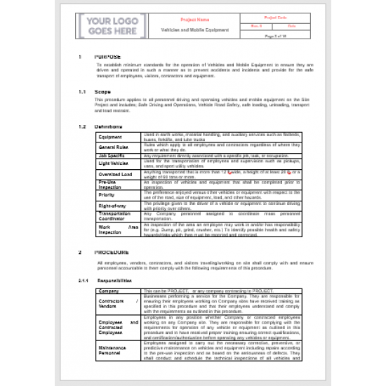 İş Güvenliği Araçlar, İş ve Mobil Ekipman Prosedürü Şablonu | Düzenlenebilir Word Dosyası