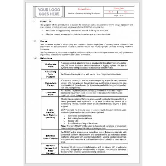  İş Güvenliği Mobil Yükseltilmiş Çalışma Platformları Prosedürü | Word Şablonu