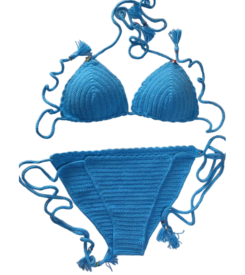 El Yapımı Mavi Örgü Bikini Seti | Pamuk İpliği Yüzme Elbisesi El Yapımı Mavi Örgü Bikini Seti | Pamuk İpliği Yüzme Elbisesi
