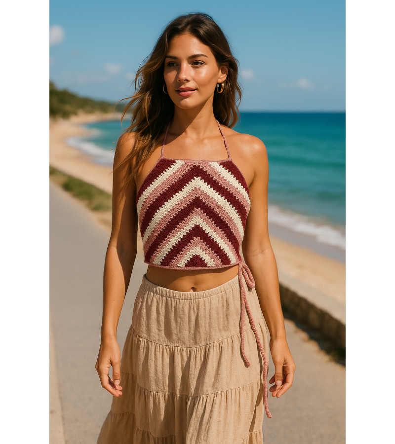 ERFUMADE El Yapımı Örgü Yaz Crop Top - Şık ve Nefes Alabilir Pamuk İpliği ERFUMADE El Yapımı Örgü Yaz Crop Top - Krem, Kahverengi ve Açık Kahverengi Renkli Tasarım