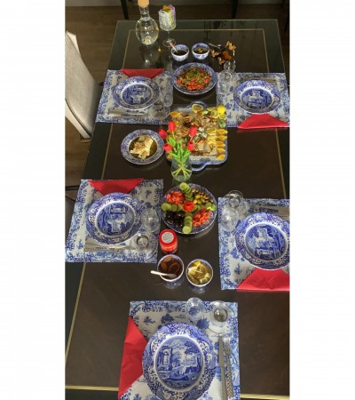 Mavi Beyaz Renkli Amerikan Servis Pivoine (%100 KETEN) Mavi Beyaz Renkli Amerikan Servis Pivoine (%100 KETEN)