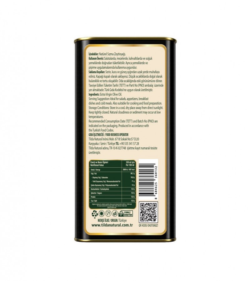 Tilda Erken Hasat Soğuk Sıkım Zeytinyağı Tnk 1000 Ml