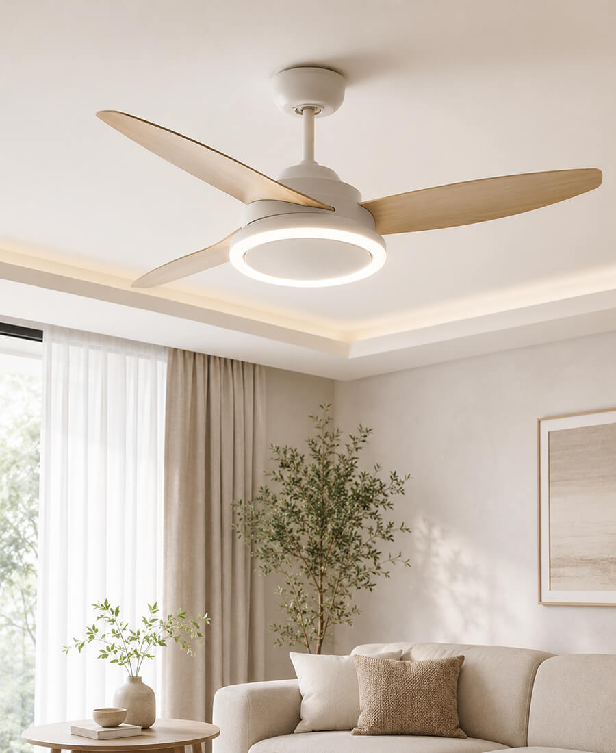 Modern yaşam alanında Led Işıklı Tavan Vantilatörü modelleri